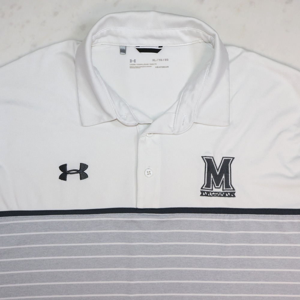 Under Armour Maryland UMD XL White Gray Striped Collegiate M Logo Polo Shirt